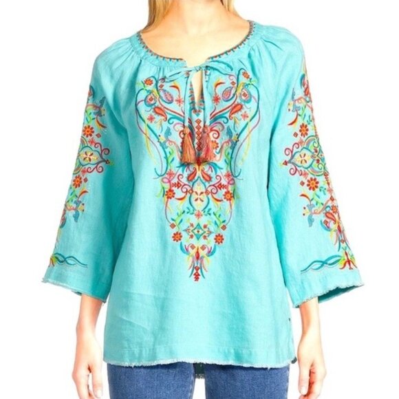John Mark Tunic Top Turquoise Linen Embroidered Nwt Tassel 3/4 Sleeve 2X - Picture 13 of 13